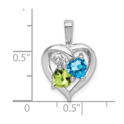 Sterling Silver Rhodium-plated Blue Topaz Peridot Diamond Pendant, 22 x 14mm