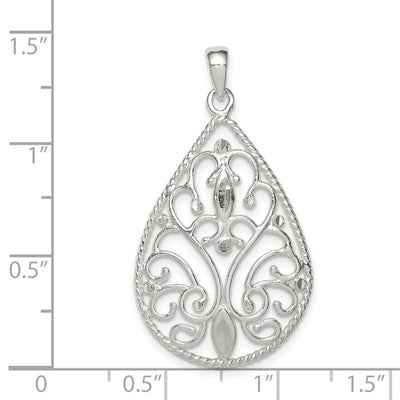 Sterling Silver Polished Filigree Diamond-cut Teardrop Pendant
