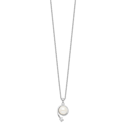 Sterling Silver Rhodium-plated White Button Freshwater Cultured Pearl and CZ Necklace, 17 x 12mm