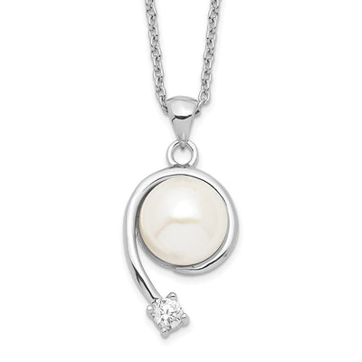 Sterling Silver Rhodium-plated White Button Freshwater Cultured Pearl and CZ Necklace, 17 x 12mm