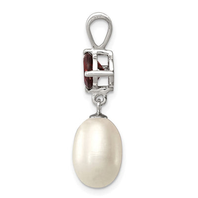 Sterling Silver Rhodium-plated White Teardrop Freshwater Cultured Pearl and 1.00GA Garnet Pendant