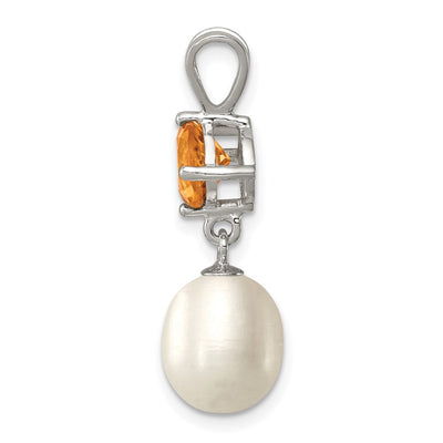 Sterling Silver Rhodium-plated White Teardrop Freshwater Cultured Pearl and .75CI Citrine Pendant