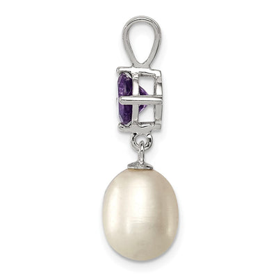 Sterling Silver Rhodium-plated White Teardrop Freshwater Cultured Pearl and .75AM Amethyst Pendant