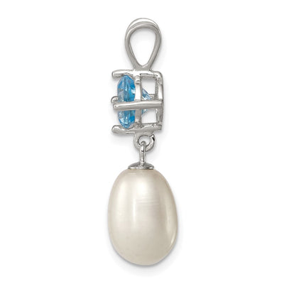 Sterling Silver Rhodium-plated White Teardrop Freshwater Cultured Pearl and 1.05BT Blue Topaz Pendant