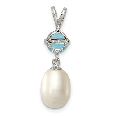 Sterling Silver Rhodium-plated White Teardrop Freshwater Cultured Pearl and 1.05BT Blue Topaz Pendant