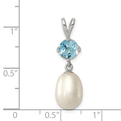 Sterling Silver Rhodium-plated White Teardrop Freshwater Cultured Pearl and 1.05BT Blue Topaz Pendant