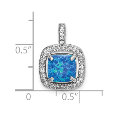 Sterling Silver Rhodium-plated Blue Square Created Opal w/CZ Pendant