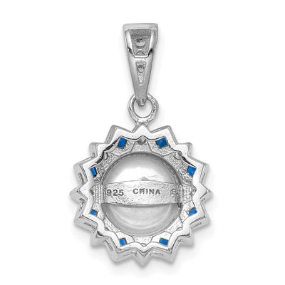 Sterling Silver RH-plated FWC Pearl/Syn. Blue Spinel Flower Pendant