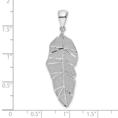 Sterling Silver Rhodium-plated Polished & D/C Leaf Pendant, 38.5 x 14mm
