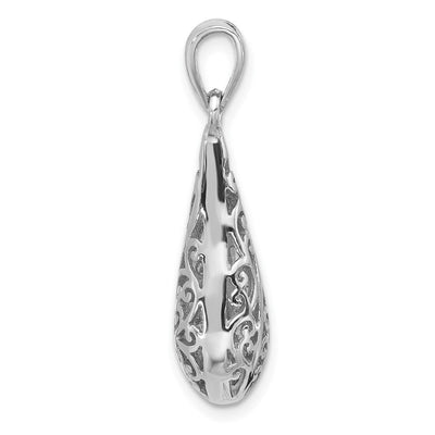 Sterling Silver Rhodium-Plated Polished Puffed Filigree Teardrop Pendant, 31.6 x 9.2mm