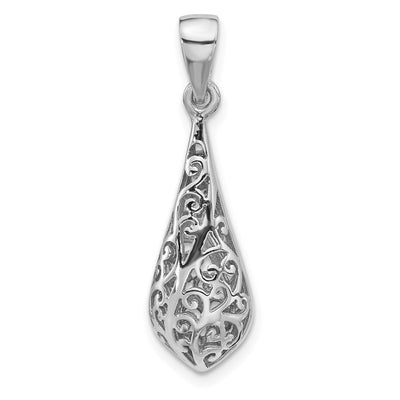 Sterling Silver Rhodium-Plated Polished Puffed Filigree Teardrop Pendant, 31.6 x 9.2mm