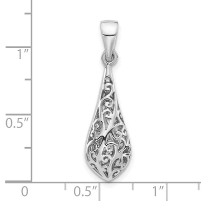 Sterling Silver Rhodium-Plated Polished Puffed Filigree Teardrop Pendant, 31.6 x 9.2mm