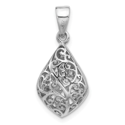 Sterling Silver Rhodium-Plated Polished Puffed Filigree Teardrop Pendant, 26 x 12.2mm