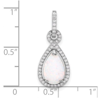 Sterling Silver Rhodium-plated Created Opal and CZ Teardrop Pendant