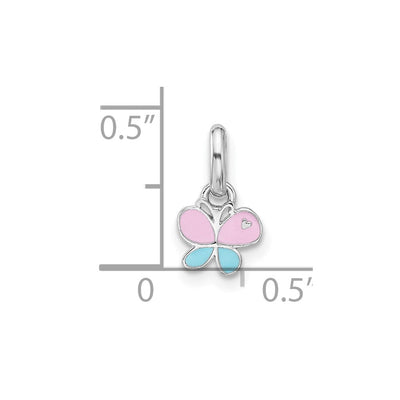 Sterling Silver Rhodium-plated Children's Small Enamel Butterfly Pendant, 7.44 x 6.35mm