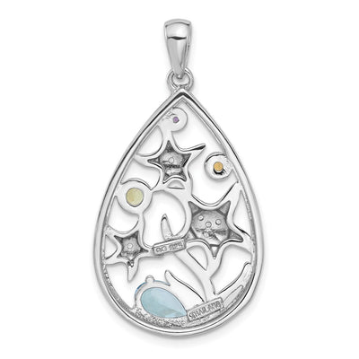 Sterling Silver Rhodium-plated Polished Rainbow Multi-Gemstone Starfish Pendant