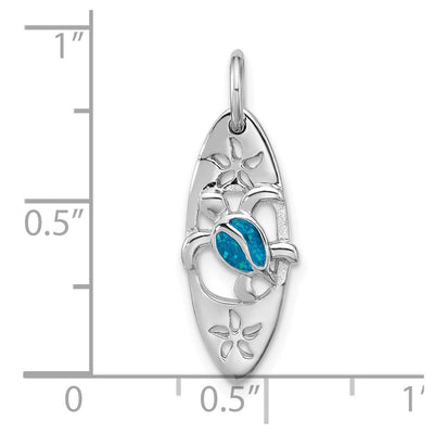 Sterling Silver Rhodium-plated Polished Blue Enamel Turtle Surfboard Pendant, 24 x 8.3mm