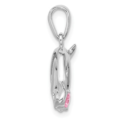 Sterling Silver Rhodium-plated Polished and Antiqued Pink CZ Dolphin Pendant