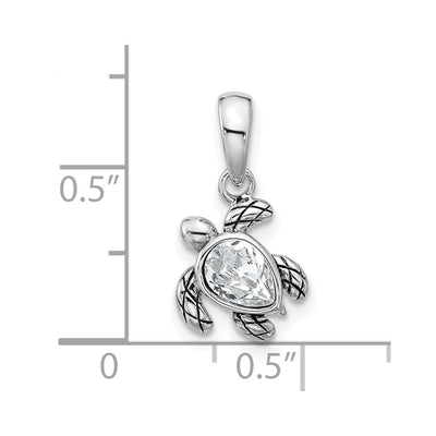 Sterling Silver Rhodium-plated Polished and Antiqued Crystal April Birthstone Turtle Pendant