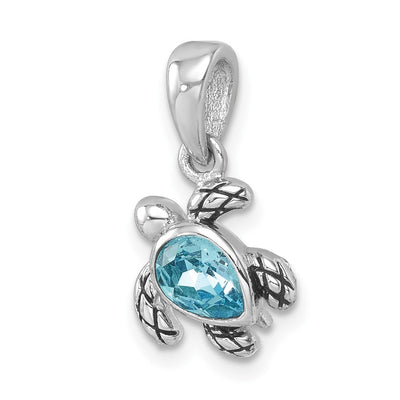 Sterling Silver Rhodium-plated Polished and Antiqued Crystal March Turtle Pendant