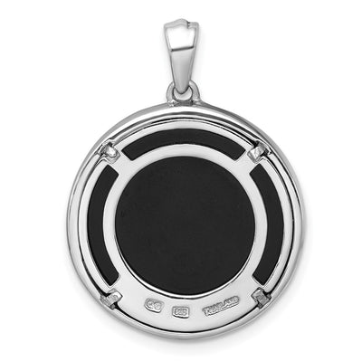 Sterling Silver Rhodium-plated Polished Onyx Circle and CZ Leaves Pendant
