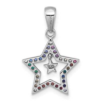 Sterling Silver Rhodium-plated Polished Rainbow Nano Crystals Star with Mini Star Dangle Childrens Post Earrings, 21.5 x 14mm