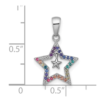 Sterling Silver Rhodium-plated Polished Rainbow Nano Crystals Star with Mini Star Dangle Childrens Post Earrings, 21.5 x 14mm