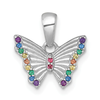 Sterling Silver Rhodium-plated Polished Rainbow Nano Crystals Butterfly Childrens Pendant