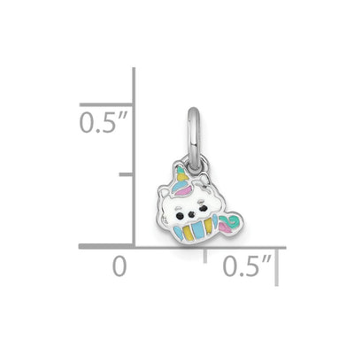 Sterling Silver Rhodium-plated Polished White and Rainbow Enamel Unicorn Cupcake Childrens Pendant
