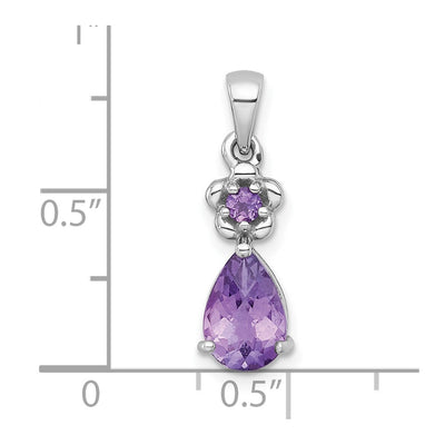 Sterling Silver Rhodium-plated Polished Amethyst Teardrop and Flower Pendant