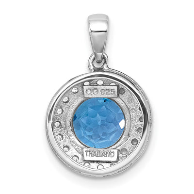 Sterling Silver Rhodium-plated Polished Checker-cut Round Light Swiss Blue Topaz and White Topaz Circle Pendant