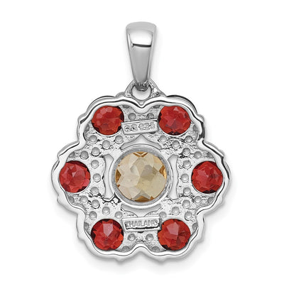 Sterling Silver Rhodium-plated Polished Citrine and Garnet Flower Pendant