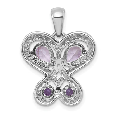 Sterling Silver Rhodium-plated Polished Amethyst and Rose de France Quartz Heart Butterfly Pendant