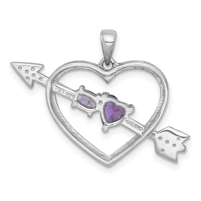Sterling Silver Rhodium-plated Polished Amethyst and Rose de France Quartz Arrow Heart Pendant