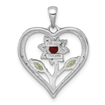 Sterling Silver Rhodium-plated Polished Garnet, Peridot and White Topaz Flower in Heart Pendant