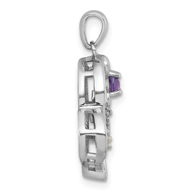 Sterling Silver Rhodium-plated Polished Amethyst, Peridot and White Topaz Flower in Heart Pendant