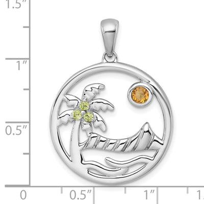 Sterling Silver Rhodium-plated Polished and Grooved Citrine and Peridot Beach Scene Circle Pendant