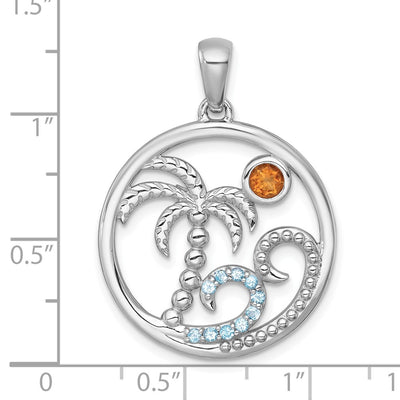 Sterling Silver Rhodium-plated Polished and Beaded Citrine and Light Swiss Blue Topaz Beach Scene Circle Pendant