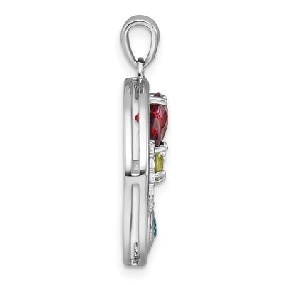 Sterling Silver Rhodium-plated Polished Garnet, Peridot and Light Swiss Blue and White Topaz Good Luck Pendant