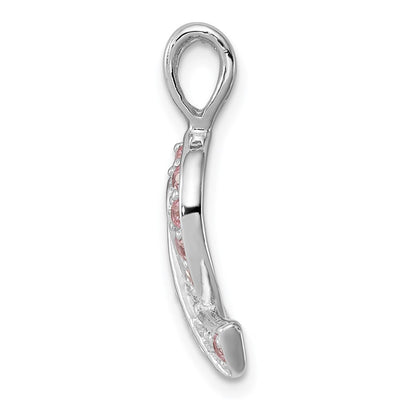 Sterling Silver Rhodium-plated Pink CZ Awareness Ribbon Pendant, 17 x 14.5mm