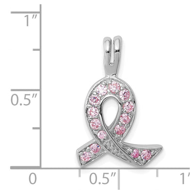 Sterling Silver Rhodium-plated Pink CZ Awareness Ribbon Pendant, 17 x 14.5mm