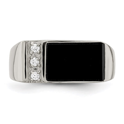 Sterling Silver Rhodium-plated Onyx & CZ Ring