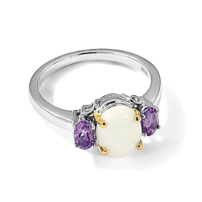 Brilliant Gemstones Sterling Silver with 14K Accent Rhodium-plated Opal and Amethyst Ring