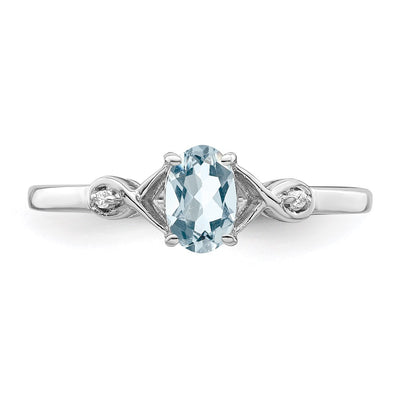 Sterling Silver Rhodium Plated Diamond and Aquamarine Oval Ring