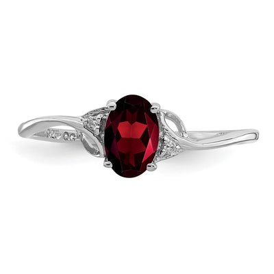 Sterling Silver Rhodium Plated Diamond and Garnet Oval Ring
