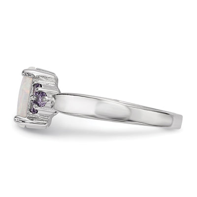 Sterling Silver Rhodium-plated Oval Created Opal w/Purple CZ Ring