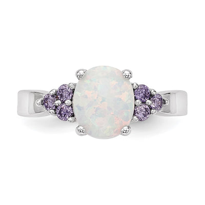 Sterling Silver Rhodium-plated Oval Created Opal w/Purple CZ Ring