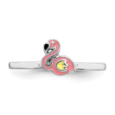 Sterling Silver Rhodium-plated Multi-color Enameled Flamingo Children's Ring