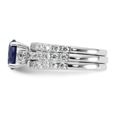 Sterling Silver Rhodium-plated Blue CZ Engagement Ring and White CZ Wedding Band Set
