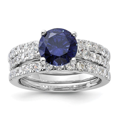 Sterling Silver Rhodium-plated Blue CZ Engagement Ring and White CZ Wedding Band Set